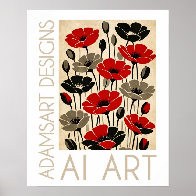 Bold Red & Black Retro Poppies Floral Poster (Front)