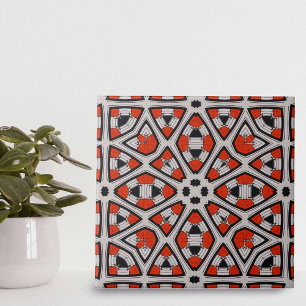 Bold Red Black White Symmetrical Geometric Pattern Tile