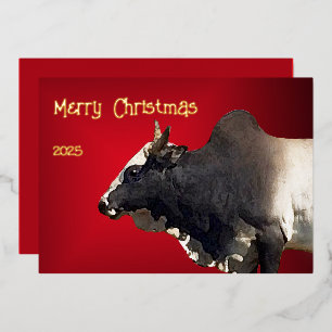 Bold Red Brahma Bull Cattle Farmer Christmas Foil Holiday Card