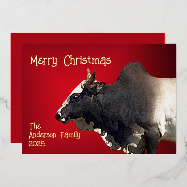 Bold Red Brahma Bull Custom Christmas Foil Holiday Card (Front/Back)