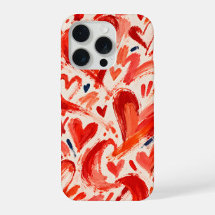 Bold Red Brushstroke Hearts on Soft Peach iPhone 15 Pro Case
