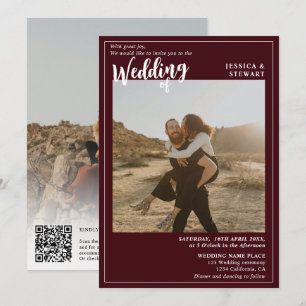 Bold red burgundy wedding script photo Qr code Invitation