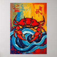 Bold Red Crab Japanese Wave Art
