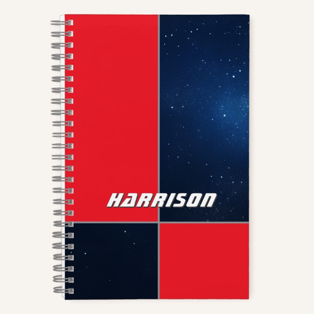 Bold Red Dark Blue Space Customizable Notebook (Front)