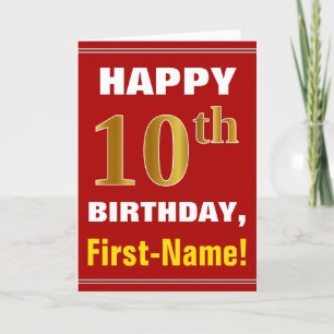 Bold, Red, Faux Gold 10th Birthday w/ Name Card