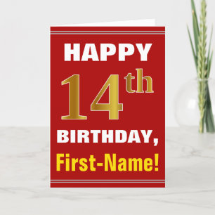 Bold, Red, Faux Gold 14th Birthday w/ Name Card