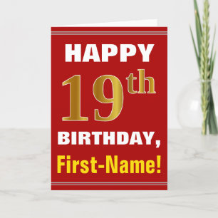Bold, Red, Faux Gold 19th Birthday w/ Name Card