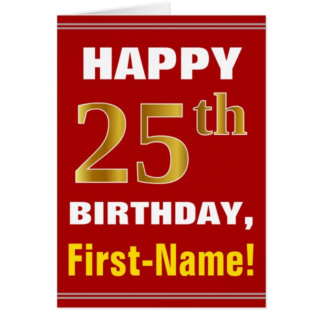 Bold, Red, Faux Gold 25th Birthday w/ Name Card (Front)