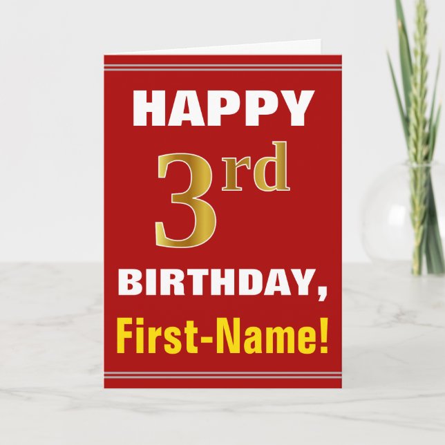 Bold, Red, Faux Gold 3rd Birthday w/ Name Card (Front)