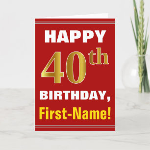 Bold, Red, Faux Gold 40th Birthday w/ Name Card