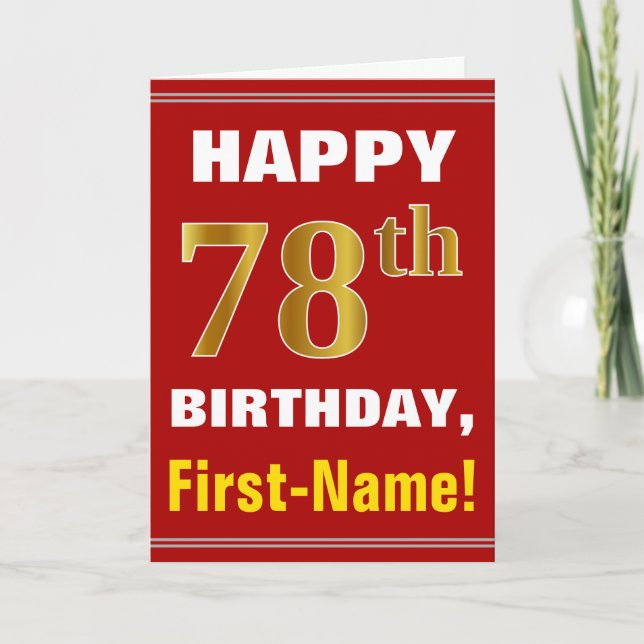 Bold, Red, Faux Gold 78th Birthday w/ Name Card (Front)