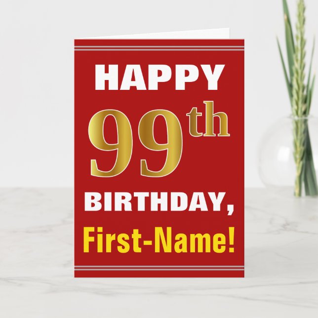 Bold, Red, Faux Gold 99th Birthday w/ Name Card (Front)