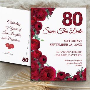 Bold Red Floral 80th Birthday Save the Date Announcement Postcard