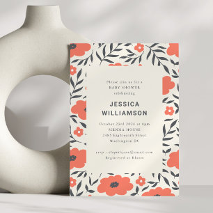 Bold Red Floral Black Leaf Baby Shower Party Invitation