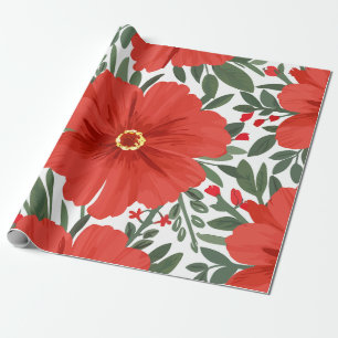 Bold Red Floral Pattern with Lush Green Leaves Wrapping Paper