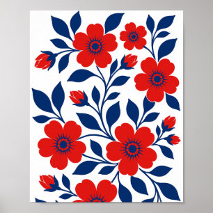 Bold Red Flowers and Navy Blue Leaves Poster