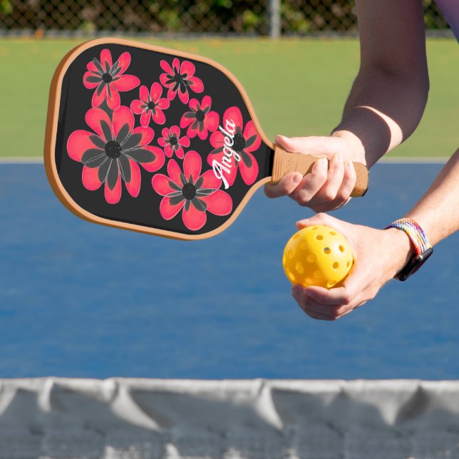 bold red flowers on black  personalize it  pickleball paddle (Insitu)