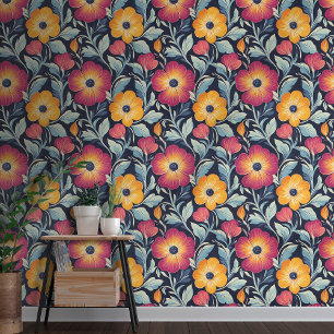 Bold Red & Gold Blooms on Navy Background  Wallpaper