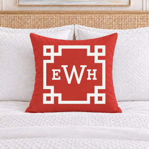 Bold Red Greek Key Monogram Initial Throw Pillow