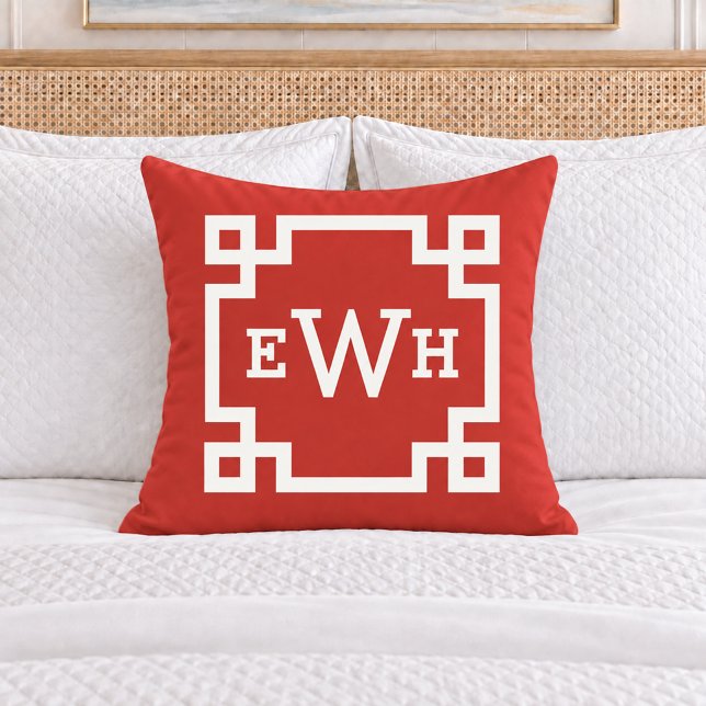 Bold Red Greek Key Monogram Initial Throw Pillow (Creator Uploaded)