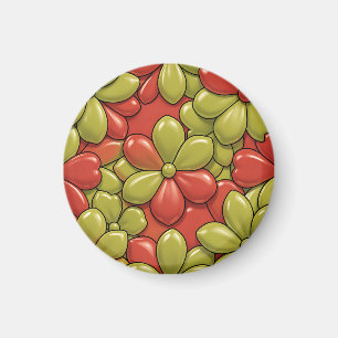 Bold Red Green Flower Pattern Glossy Heart Petals Magnet