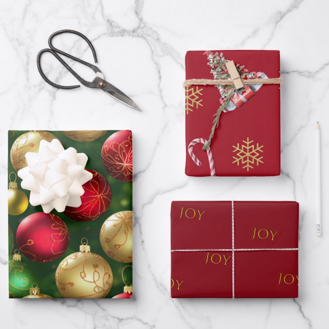 Bold Red Green Gold Christmas Ornaments  Wrapping Paper Sheet (Front)