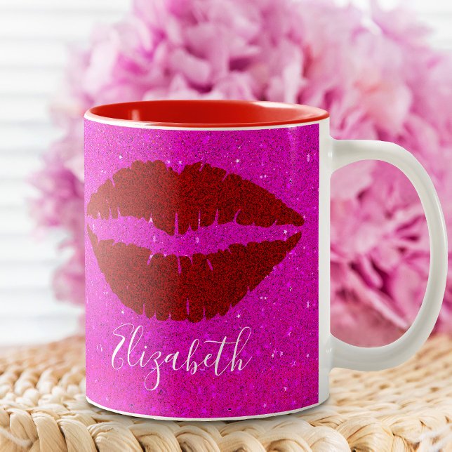 Bold Red Lips on Hot Pink Glitter Custom Name Love Two-Tone Coffee Mug (Creator Uploaded)