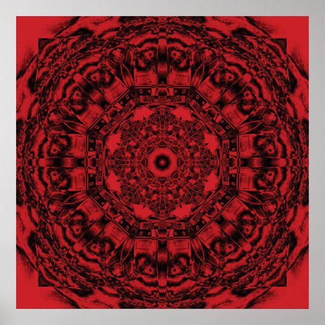 Bold Red Mechanical Abstract Mandala Art Poster (Front)