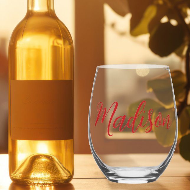 Bold Red Name Handwritten Script Custom Stemless Wine Glass (Creator Uploaded)