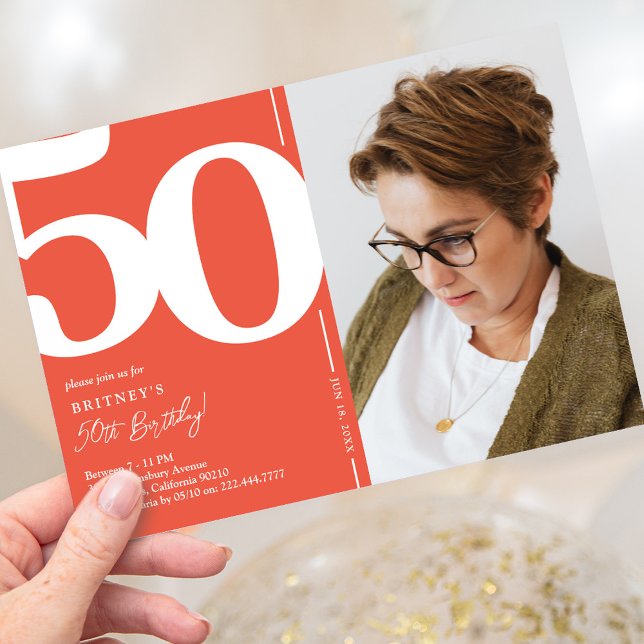 Bold Red Photo 50th Birthday Invitation (Creator Uploaded)