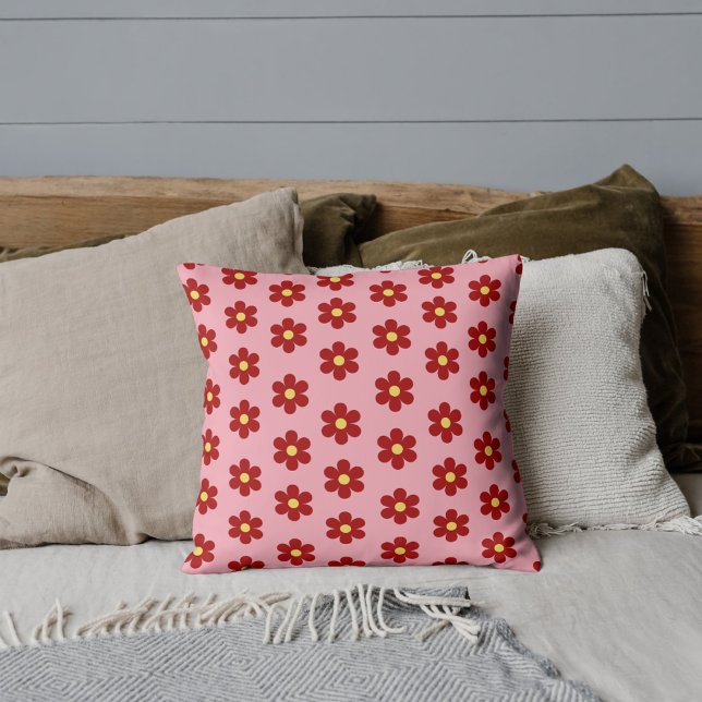 Bold Red & Pink Flower Bohemian Tropical Whimsical Throw Pillow (Creator Uploaded)
