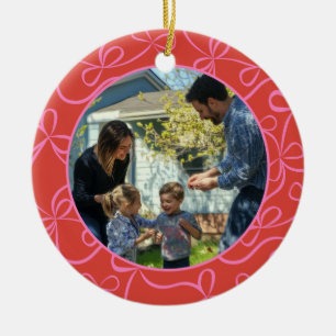 Bold Red Pink Ribbon Pattern Custom Photo Holiday Ceramic Ornament