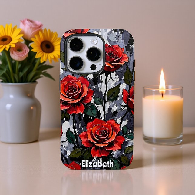 Bold Red Roses on Grey Background Case-Mate iPhone Case (Creator Uploaded)