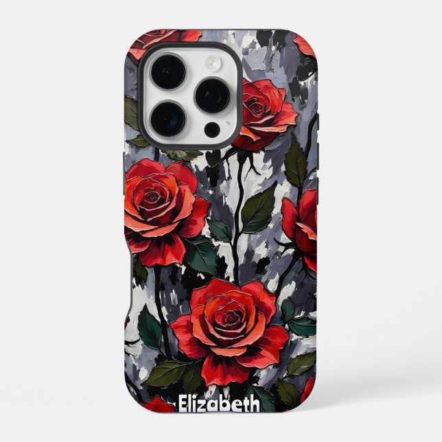 Bold Red Roses on Grey Background iPhone Case (Back)