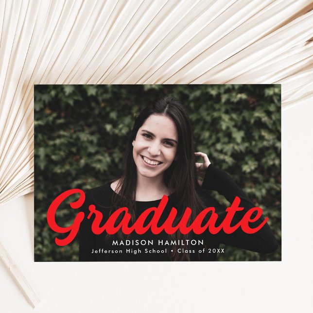 Bold Red Script Photo Graduation Announcement (Creator Uploaded)