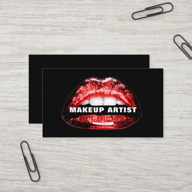 Bold Red Shiny Lips MUA Business Card Template (Front/Back In Situ)