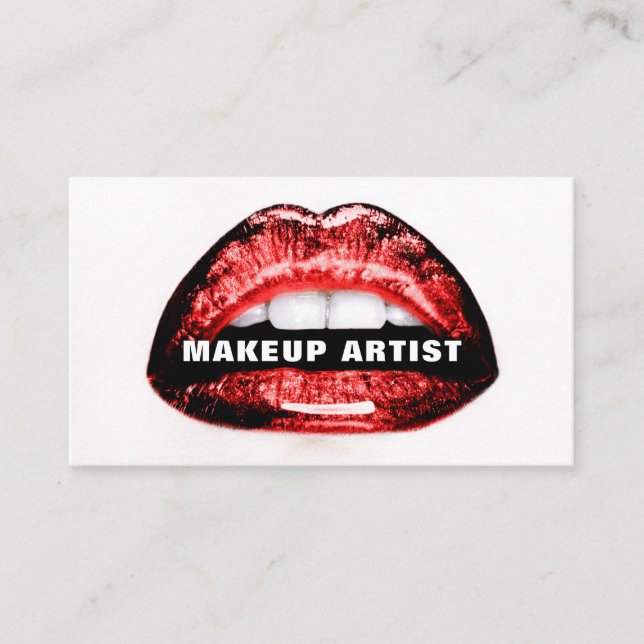 Bold Red Shiny Lips MUA Business Card Template (Front)