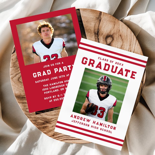 Bold Red Stripes Athletic Photo Graduation Party Invitation (Creator Uploaded)