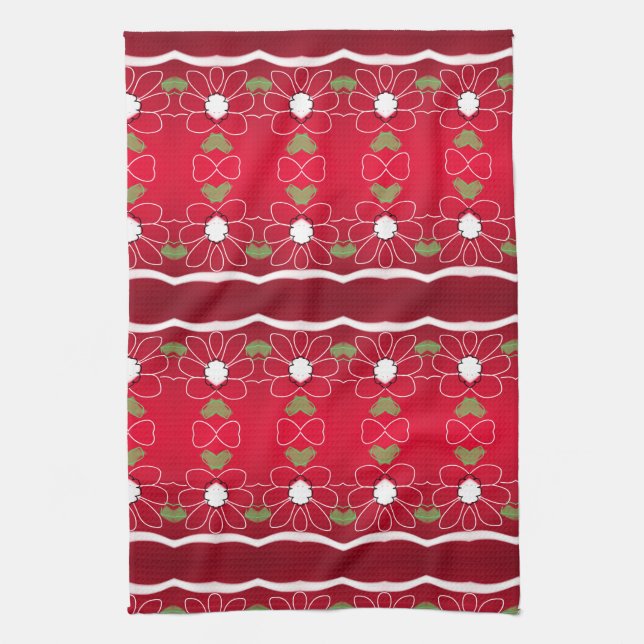 Bold Red Tea-Towel With a Floral Design Kitchen Towel (Vertical)