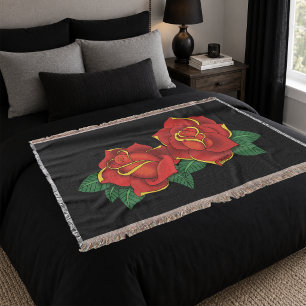 Bold Red Traditional Roses Tattoo Black Throw Blanket