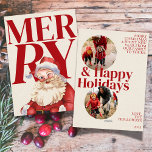 Bold Red Typography Santa Photo Holiday Card<br><div class="desc">Bring bold holiday cheer to your mailbox with this vibrant red Santa-themed photo card! Featuring oversized “MERRY” typography layered behind a vintage-inspired Santa illustration, this festive design is both playful and nostalgic. Customize the back with a circular photo and a heartfelt note to share your holiday wishes in style. Perfect...</div>