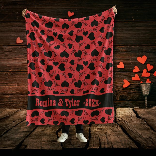 Bold Red Valentine's with Black Heart Pattern Fleece Blanket (Bold Red Valentine's with Black Heart Pattern Fleece Blanket)