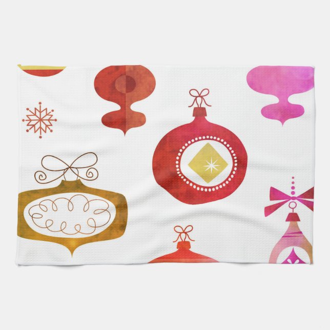 Bold Red Waterclor Ornaments Kitchen Towel (Horizontal)
