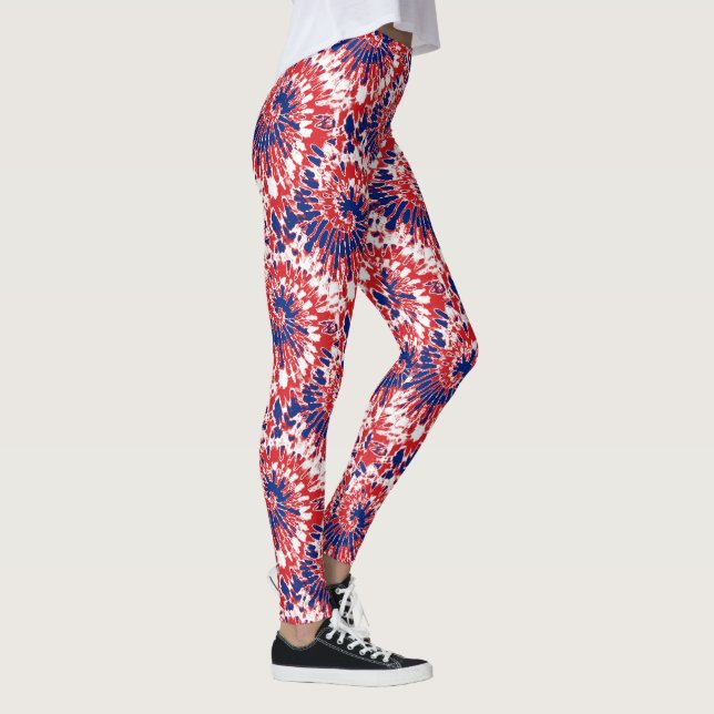 Bold Red White Blue Firework Tie-Dye Pattern Leggings (Right)