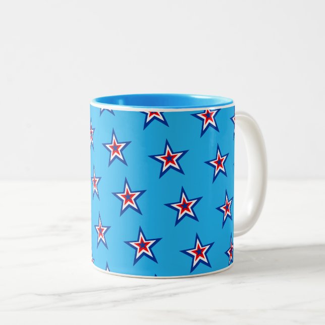 Bold Red, White & Blue Star Pattern Two-Tone Coffee Mug (Front Right)