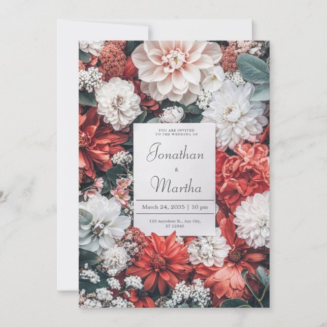 Bold Red & White Garden Bloom Wedding Invitation (Front)