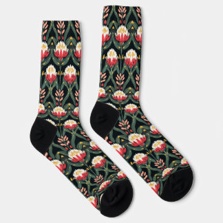 Bold Red & White Protea Flowers Black Crew Socks  