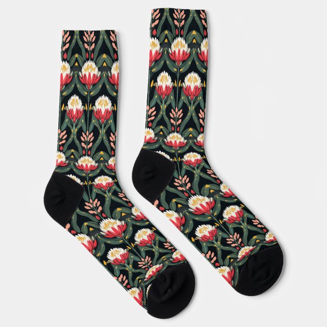 Bold Red & White Protea Flowers Black Crew Socks   (Right)