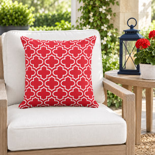 Bold Red White Quatrefoil Trellis Outdoor Pillow