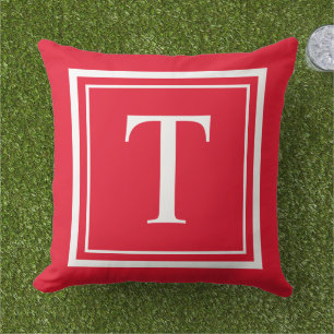 Bold Red White Square Frame Monogram Outdoor Pillow